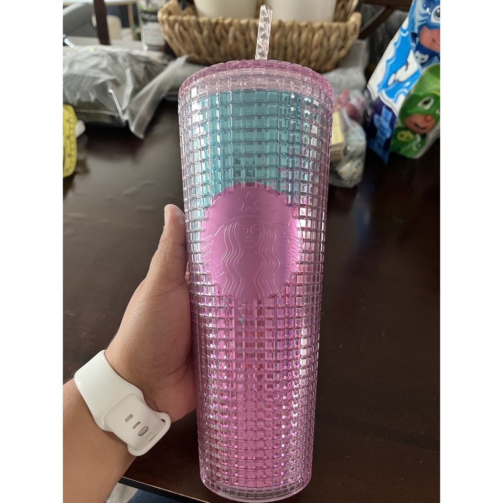 Starbucks 2021 Iridescent Pink Blue Grid Acrylic Cold Cup Tumbler 24oz New